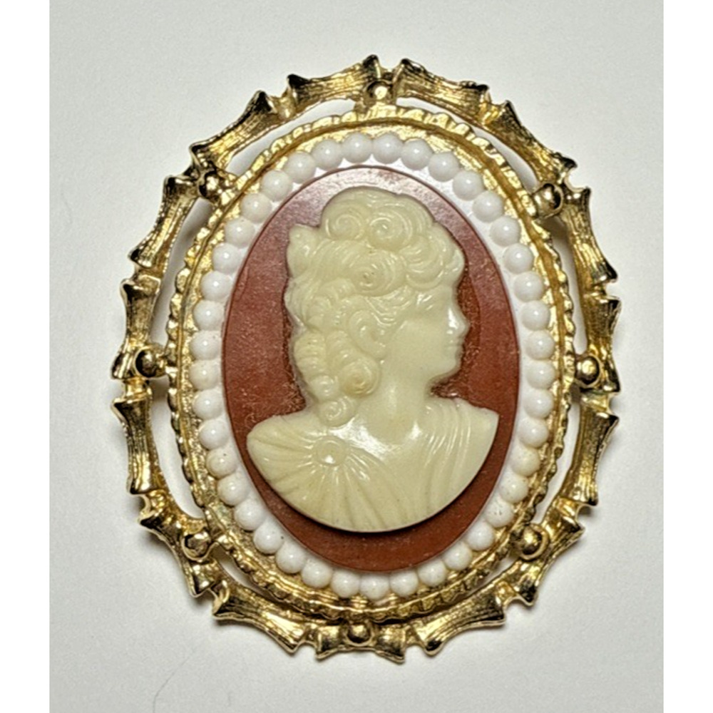 Vintage Cameo Brooch with Gold Tone Detail J-3M